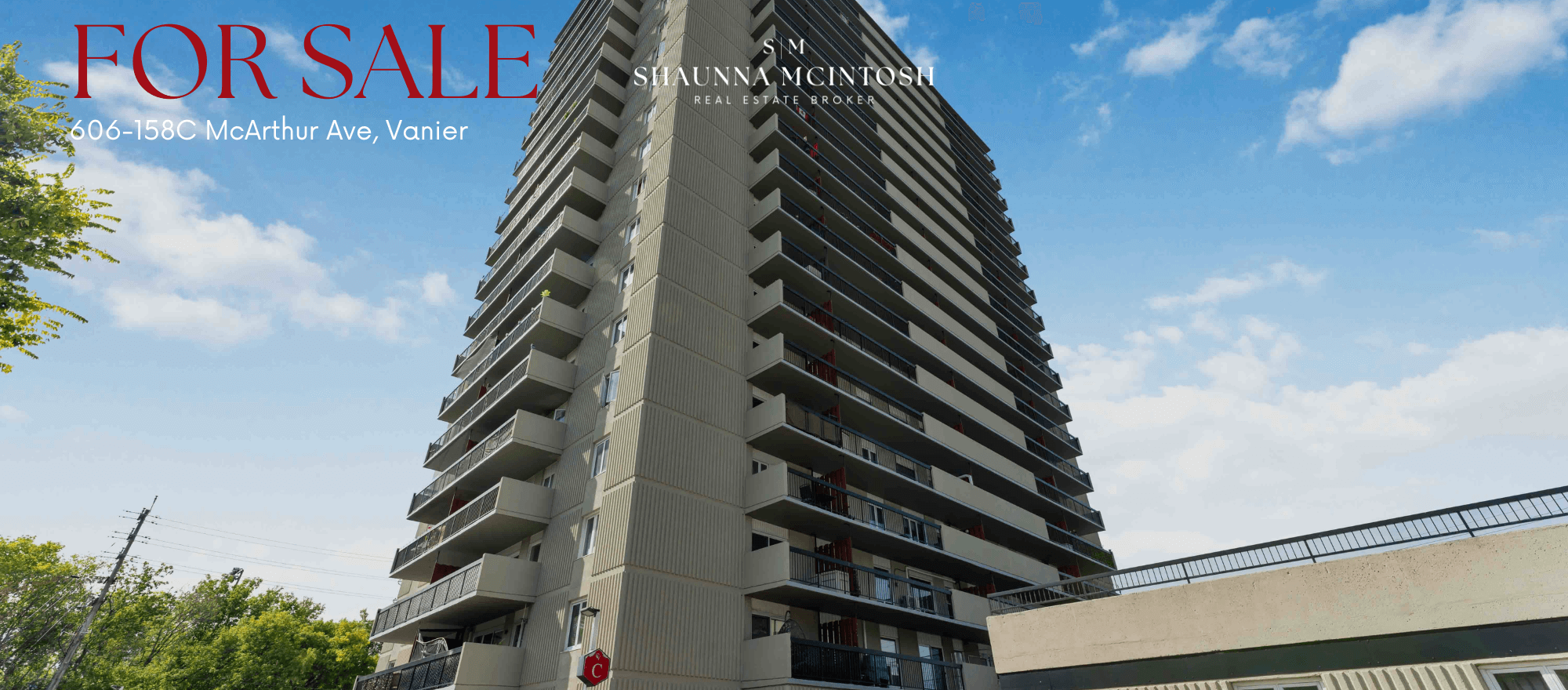 Exterior view of Château Vanier condo building at 606-158C McArthur Avenue in Vanier, Ottawa | an updated 2-bedroom condo for sale.