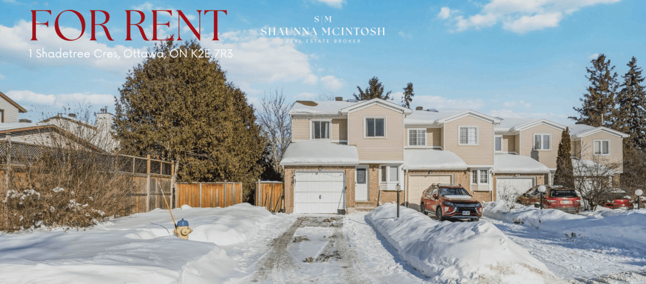Exterior of 1 Shadetree Crescent townhouse for rent in Fisher Glen, Ottawa with Shaunna McIntosh