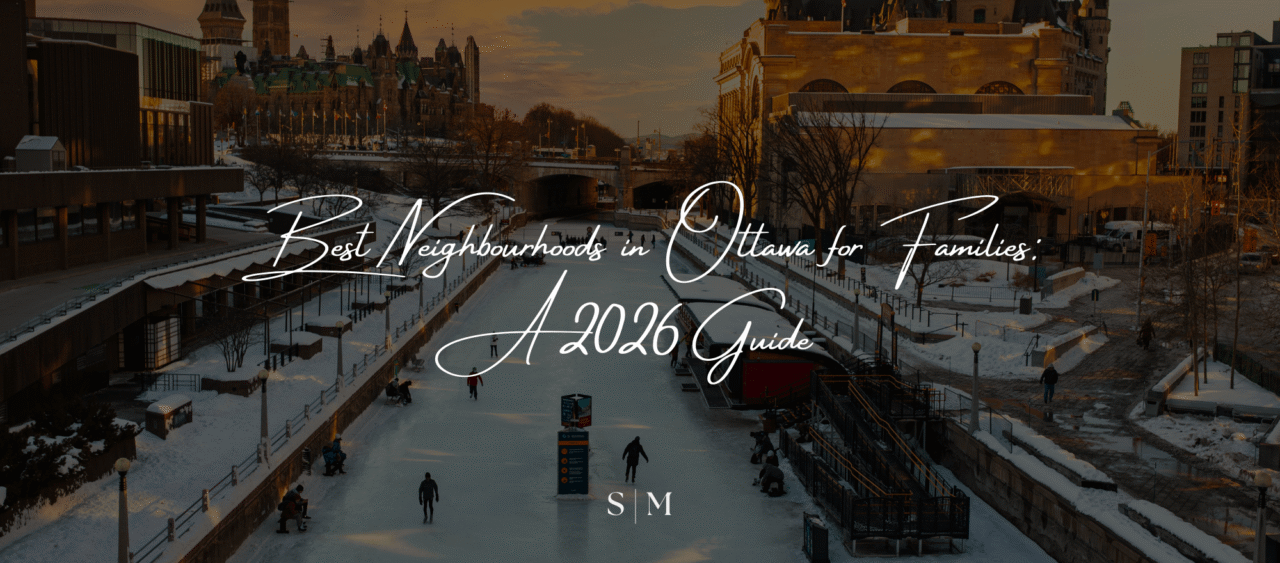 Winter view of the Rideau Canal in Ottawa with blog title ‘Best Neighbourhoods in Ottawa for Families: A 2026 Guide’ overlaid and Shaunna’s logo at the bottom